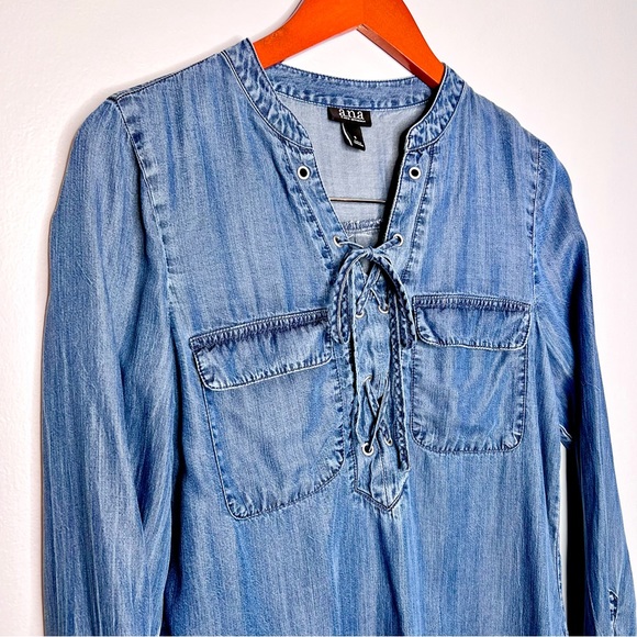 A.N.A. Womens Lyocell Chambray Popover Top Small Lace Up Dolphin Hem Popover - Picture 3 of 11
